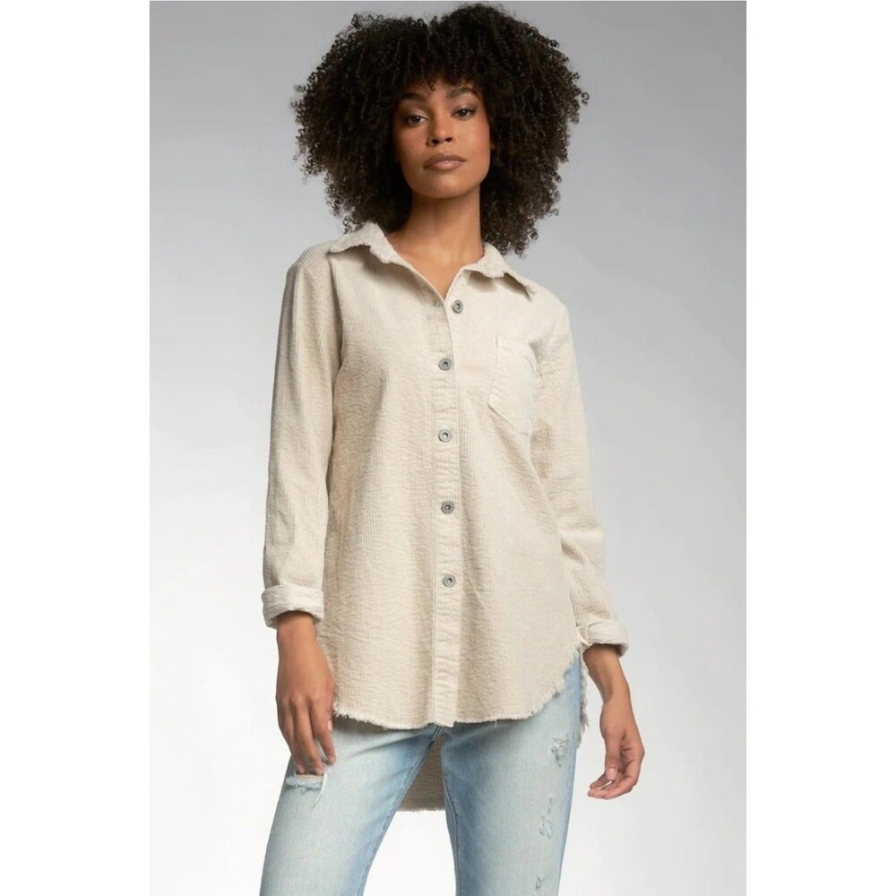 Elan Eve Stone Raw Hem Look Corduroy Shirt Jacket Shacket in MEDIUM